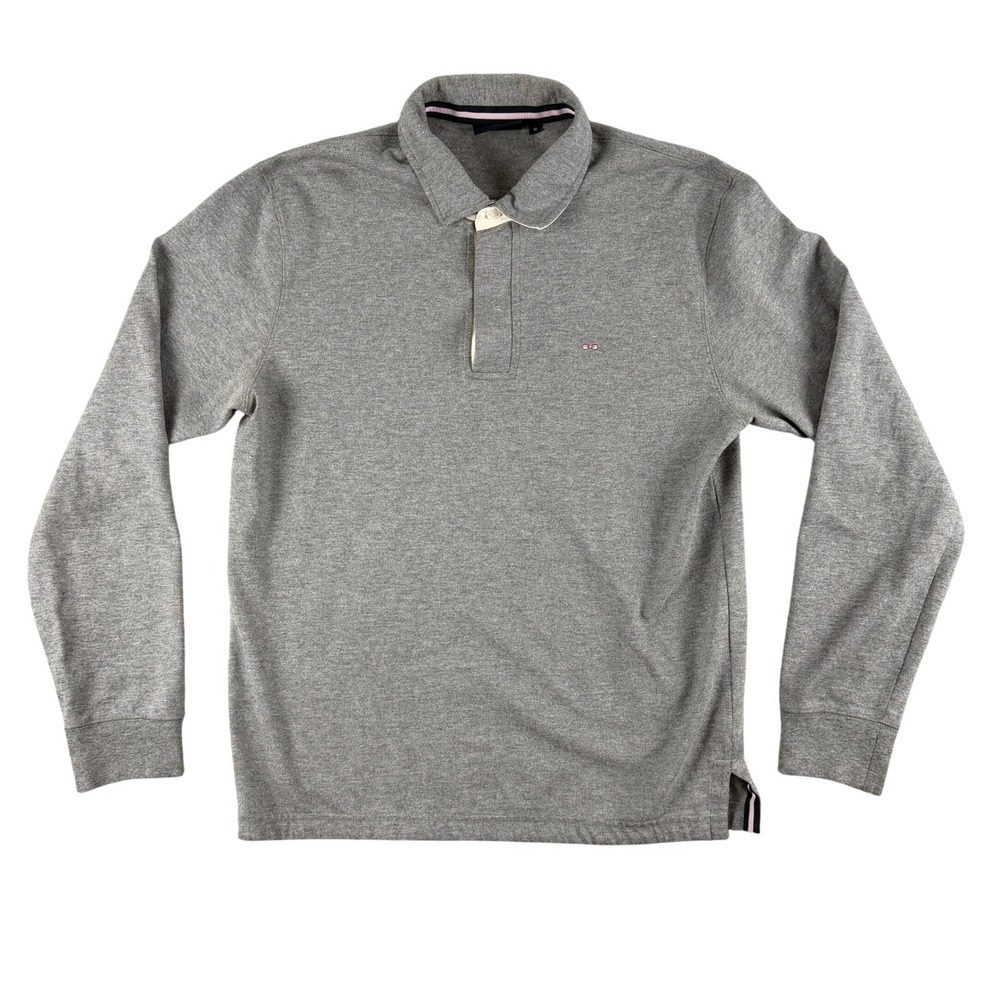 Eden Park Polo‎ Shirt Mens M Gray Long Sleeve Rugby Style Logo Collar Trim